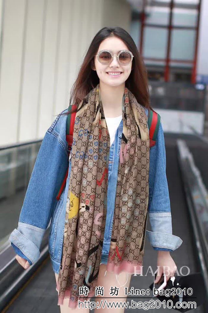 GUCCI古馳海外原版 logo花紋圖案羊絨長圍巾 LLWJ6939